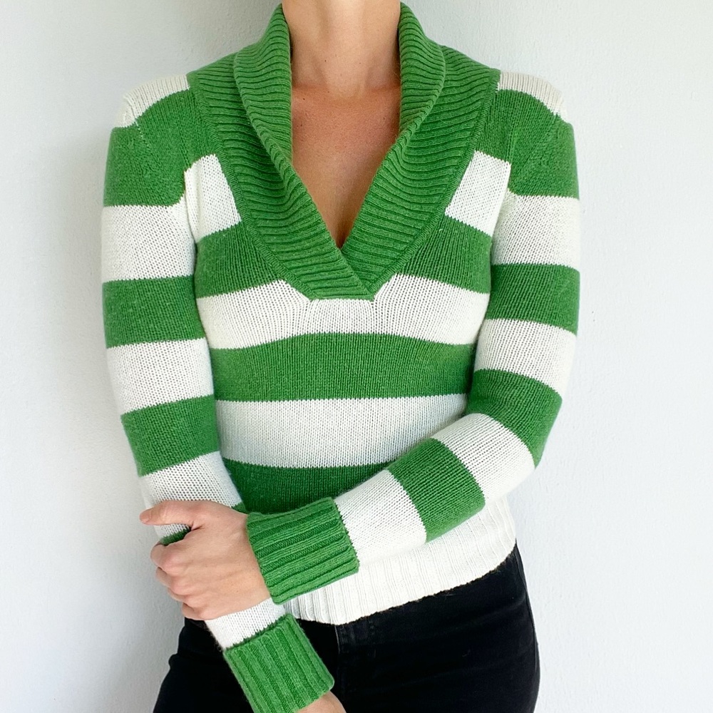 Vintage American Eagle green striped angora wool knit v-neck sweater size XXS